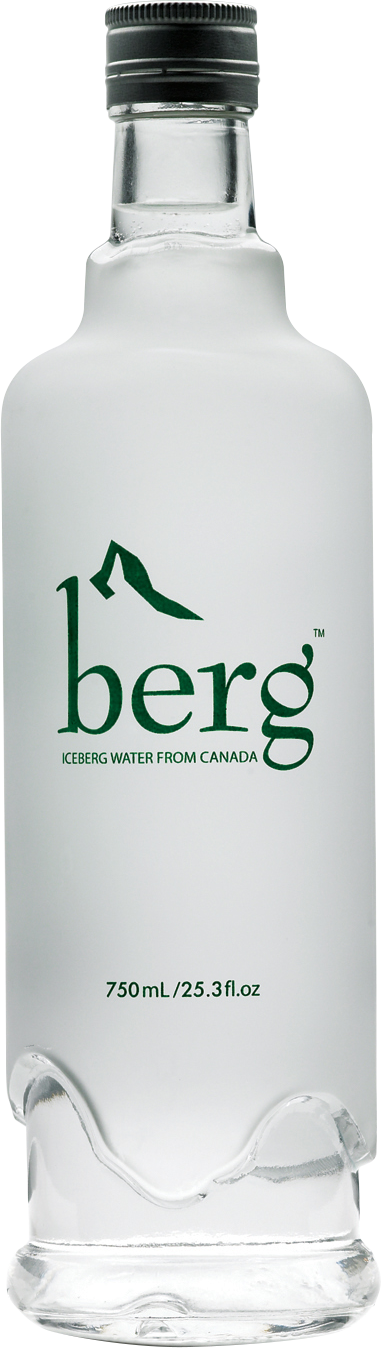 A single bottle of Berg Iceberg water on a white background